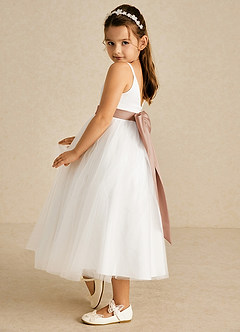 Azazie Lea vestidos de niña de las flores Vestido de Champán Rosado de Tul de Corte En A con Tirante Espagueti image4