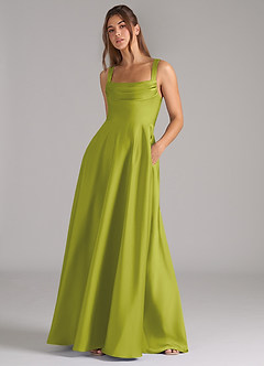 Azazie Shaude Bridesmaid Dresses Lemongrass A-Line Pleated Stretch Satin Dress image4