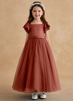 Azazie Suzy Flower Girl Dresses Auburn A-Line with Sleeves Tulle Dress image2
