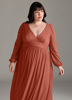 Azazie Norah Bridesmaid Dresses Clay A-Line V-Neck Long Sleeve Chiffon Dress image12