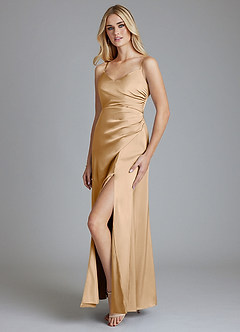 Azazie Azuree Bridesmaid Dresses Gold A-Line Pleated Stretch Satin Dress image4