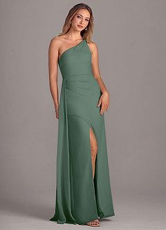 Azazie Maron Vestidos de damas de honor Vestido de Eucalyptus de Gasa de Corte en A con Hombro unilateral image3