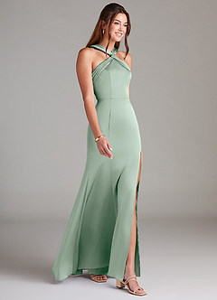 Azazie Rue Bridesmaid Dresses Agave A-Line Pleated Stretch Satin Dress image4