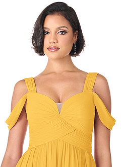 Azazie Lianne Bridesmaid Dresses Marigold A-Line Off the Shoulder Chiffon Dress image5