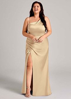 Azazie Madelyn Bridesmaid Dresses Champagne Mermaid One Shoulder Stretch Satin Convertible Dress image15