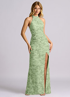 Azazie Jemma Bridesmaid Dresses Green Fern Floral Sheath Pleated Chiffon Dress image4