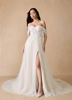 Azazie Seradine Wedding Dresses Diamond White Champagne A-Line Off the Shoulder Beading Dress image1