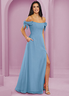 Barbie ♥ Azazie Robes de demoiselle d'honneur Robe Trapèze Convertible en Mousseline de soie Épaule décolletée Acier Bleuté image4