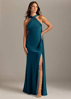 Azazie Kinsley Bridesmaid Dresses Ink Blue Mermaid Side Slit Stretch Satin Dress image1