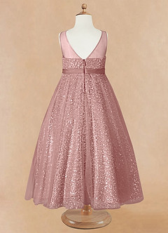 Azazie Siwa Robe Demoiselle D'honneur Fillette Robe Trapèze en Tulle Perlé Rose Poussiéreuse image6