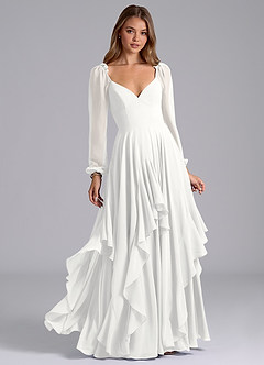 Azazie Karan Bridesmaid Dresses White A-Line Long Sleeve Chiffon Dress image1