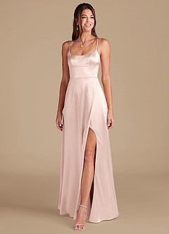Azazie Halsey Bridesmaid Dresses Blushing Pink A-Line Side Slit Metallic Satin Dress image3