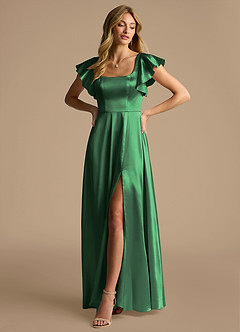 Azazie Bondi Brautjungfernkleider A-Linie Schleifen Metallischer Satin Kleid Dunkelgrün image4