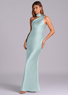 Azazie Seona Robes de demoiselle d'honneur Robe Sirène en Satin extensible Une épaule Brume image6