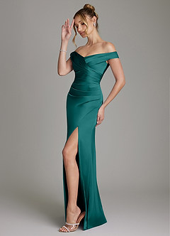 Azazie Teyana Bridesmaid Dresses Peacock Sheath Off the Shoulder Stretch Satin Dress image5