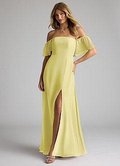 Azazie Sue Robes de demoiselle d'honneur Robe Trapèze Convertible en Mousseline de soie Épaule décolletée Sorbet Citron image3