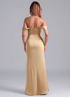 Azazie Asha Bridesmaid Dresses Champagne Sheath Off the Shoulder Stretch Satin Convertible Dress image4