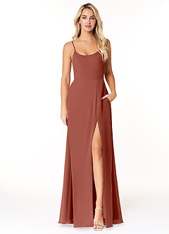 Azazie Moira Robes de demoiselle d'honneur Robe Trapèze en Mousseline de soie Décolleté Auburn image1
