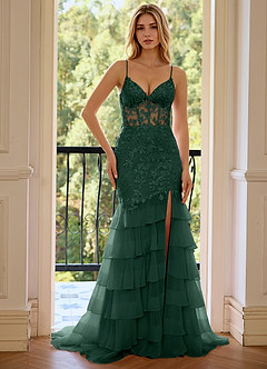 Nerissa Green Sequin Embroidery Tier Tulle High Split V-neck Mermaid Marine Prom Dress image3