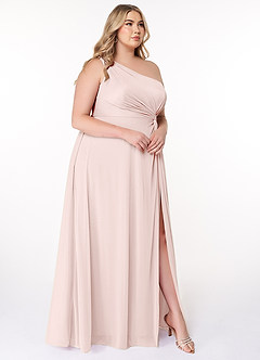 Azazie Brooke Bridesmaid Dresses Blushing Pink A-Line One Shoulder Mesh Dress image9