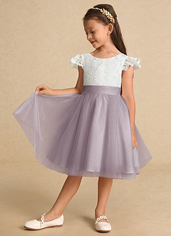 Azazie Vetty Flower Girl Dresses Ivory Dusk A-Line Lace Tulle Dress image4