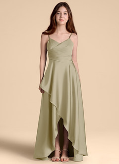 Azazie Prisha Junior Abito A-Line in Raso Elasticizzato Plissettato Verde Muschio image5