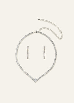 front Pointed Collar Crystal Tennis Necklace and Earrings Jewelry Set