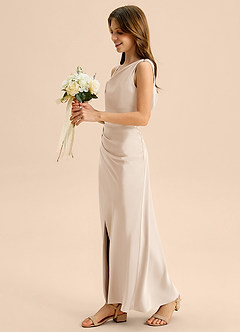 Azazie Madelyn Junior Osłona Zza ramienia Satyna elastyczna Długość podłogi Młodsza druhna Sukienka image3