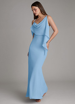 Azazie Yura Robes de demoiselle d'honneur Robe Sirène en Mousseline de soie Épaules dénudées Poudre Bleue image1