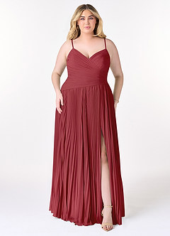 Azazie Vini Bridesmaid Dresses Pomegranate A-Line V-Neck Pleated Chiffon Dress image7