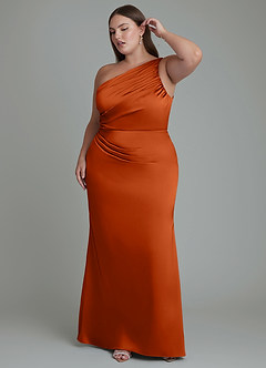 Azazie Akilah Vestidos de damas de honor Vestido Naranja Quemada de Satén Elástico de Corte Sirena con Un hombro image10