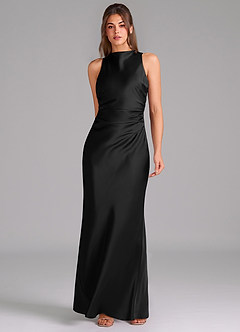 Azazie Evadne Robes de demoiselle d'honneur Robe Trapèze en Satin extensible Plissée Noir image3