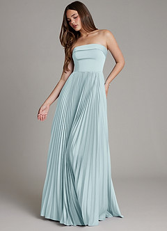 Azazie Mariana 신부 들러리 드레스 A라인 주름진 스트레치 새틴 바닥 길이 드레스 image1