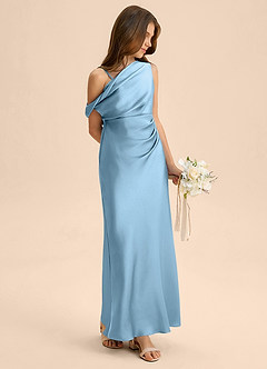 Azazie Emerson Junior Steel Blue Sheath Off the Shoulder Stretch Satin Dress image4