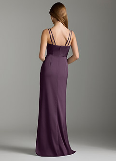 Azazie Leo Bridesmaid Dresses Plum Sheath Pleated Stretch Satin Dress image2
