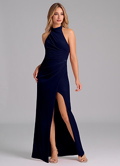 Azazie Jemma Bridesmaid Dresses Dark Navy Sheath Pleated Velvet Dress image6