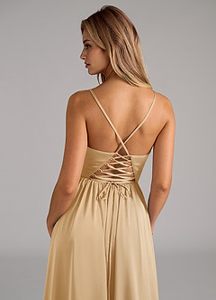 Azazie Aaida Bridesmaid Dresses Gold A-Line Corset Stretch Satin Dress image2