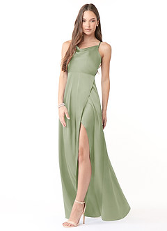 Azazie Naomie Bridesmaid Dresses Dusty Sage A-Line Cowl Neckline Side Slit Stretch Satin Dress image4