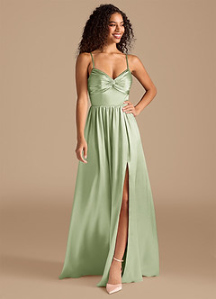 Azazie Zeya Bridesmaid Dresses Dusty Sage A-Line Pleated Metallic Satin Dress image1