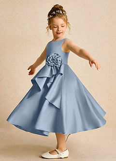 Azazie Hermia Robe Demoiselle D'honneur Fillette Robe Trapèze en Mat Satiné Sans manches Bleu Poussiéreux image3