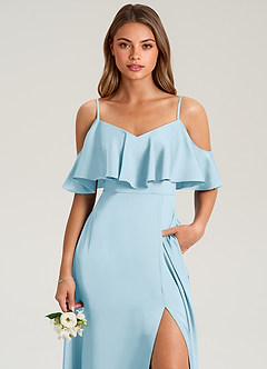 Azazie Jean Bridesmaid Dresses Sky Blue A-Line Off the Shoulder Stretch Satin Dress image6