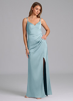 Azazie Leo Bridesmaid Dresses Moody Blue Sheath Pleated Stretch Satin Dress image5