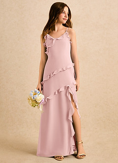 Azazie Lola Girls Formal Blumenmädchenkleider A-Linie Gestreift Chiffon Kleid Puderrosa image3