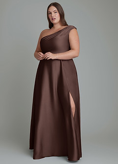 Azazie Melanie Robes de demoiselle d'honneur Robe Trapèze en Satin extensible Épaules dénudées Ganache image7