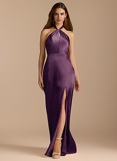 Azazie Tracie Bridesmaid Dresses Plum A-Line Pleated Metallic Satin Dress image6