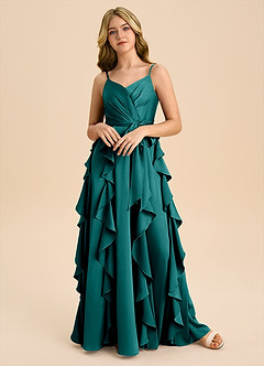 Azazie Peyton Junior A라인 주름진 스트레치 새틴 플로어 길이 주니어 신부 들러리 드레스 image4