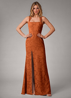 Azazie Luci Abiti da Damigella Abito Convertibile Sirena in Burnout Floreale Plissettato Arancia Bruciata image5