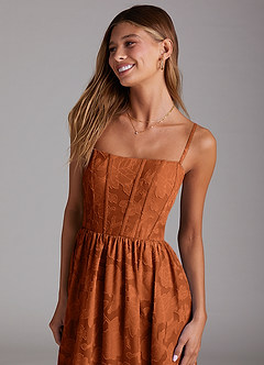 Azazie Delphina Brudtärnklänningar Klänning av A-Line i Blommig Utbrändhet Axelbandslös Bränd Apelsin Konvertibel image2