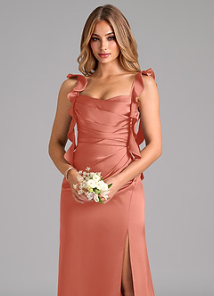 Azazie Jessamine Bridesmaid Dresses Salmon Pink Sheath Corset Stretch Satin Dress image7