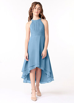 Azazie Linna Junior Vestido de Azul Acero de Gasa de Corte En A con Plisado image1